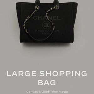 CHANEL Black Canvas Shopping Bag with Gold Chain